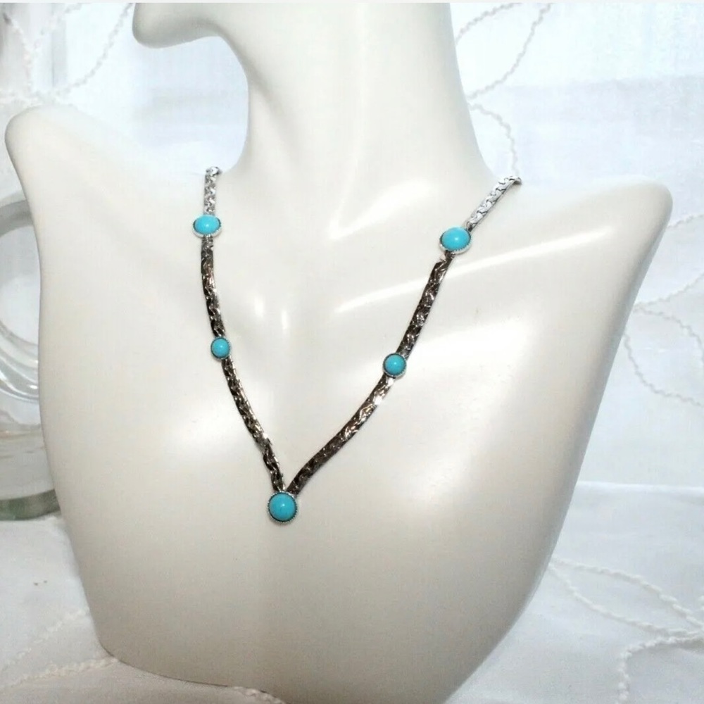 Vintage 70s Sarah Coventry Necklace Silver Tone Faux Turquoise - Picture 3 of 7